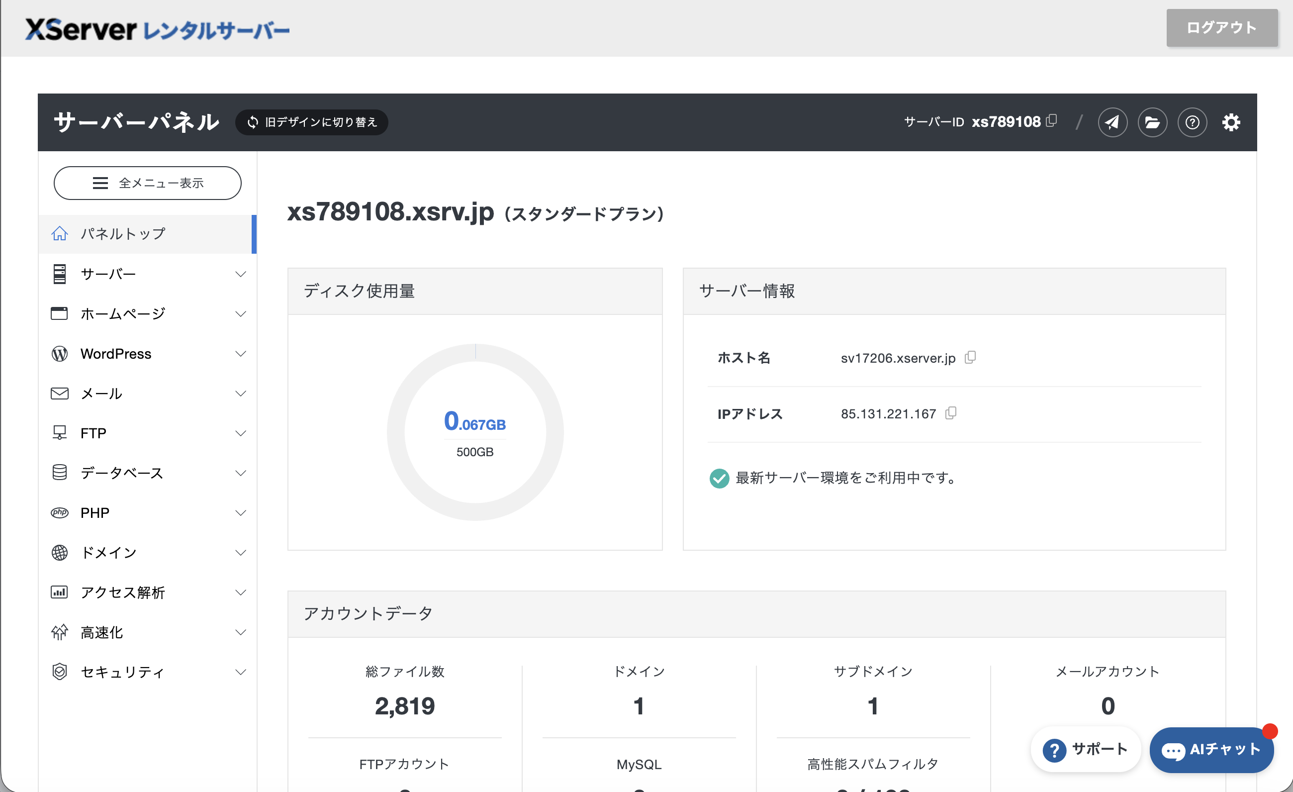 XServerのサーバーパネルへログインした直後のパネルトップ画面